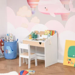 Escritorio infantil Niebla Homcom con silla + cajón + estante +3 a 6 años blanco/natural 75x70x50 cm