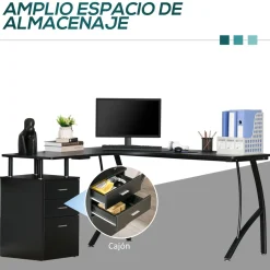 Escritorio Mandarina Homcom esquinero con 3 cajones negro 76x143,5x143,5 cm