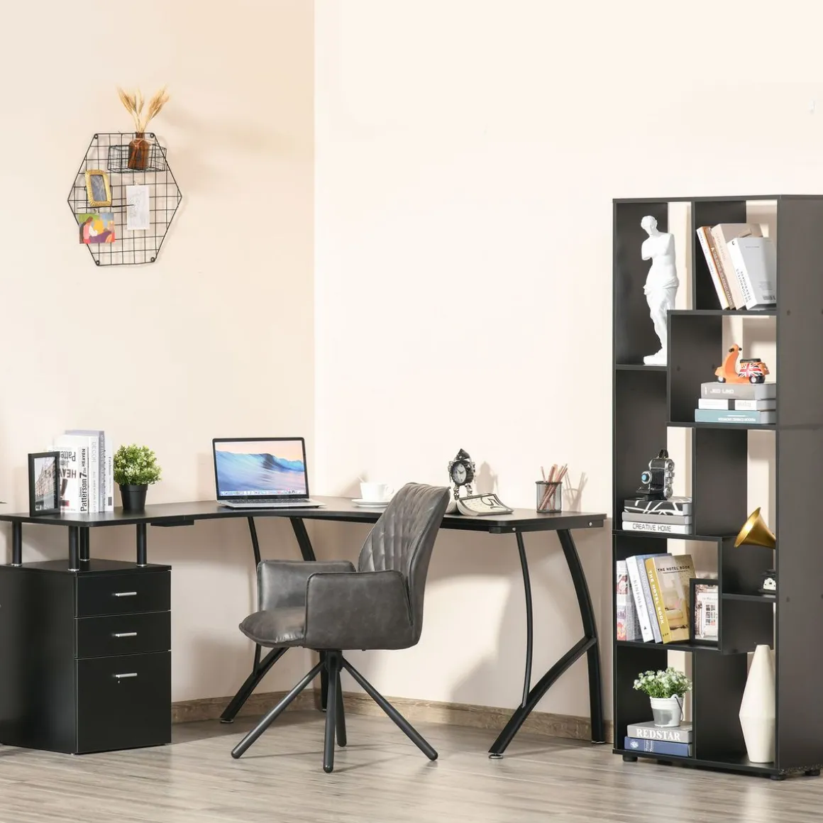 Escritorio Mandarina Homcom esquinero con 3 cajones negro 76x143,5x143,5 cm