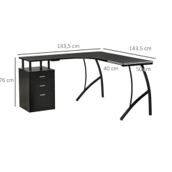 Escritorio Mandarina Homcom esquinero con 3 cajones negro 76x143,5x143,5 cm