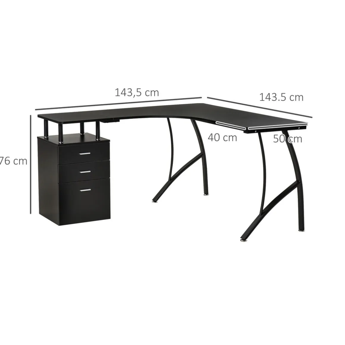 Escritorio Mandarina Homcom esquinero con 3 cajones negro 76x143,5x143,5 cm