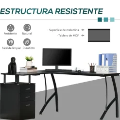 Escritorio Mandarina Homcom esquinero con 3 cajones negro 76x143,5x143,5 cm