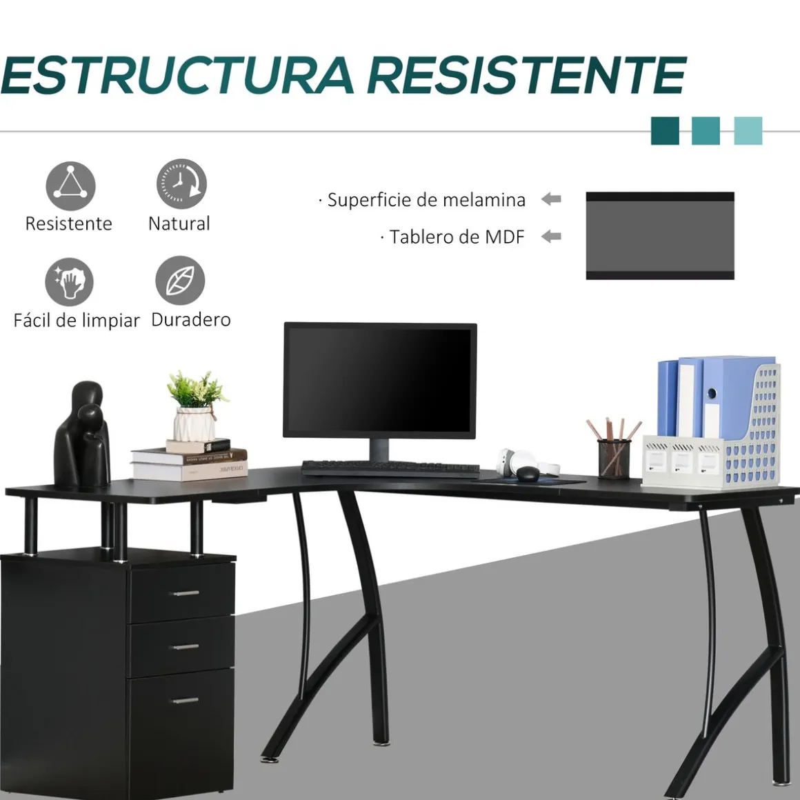 Escritorio Mandarina Homcom esquinero con 3 cajones negro 76x143,5x143,5 cm