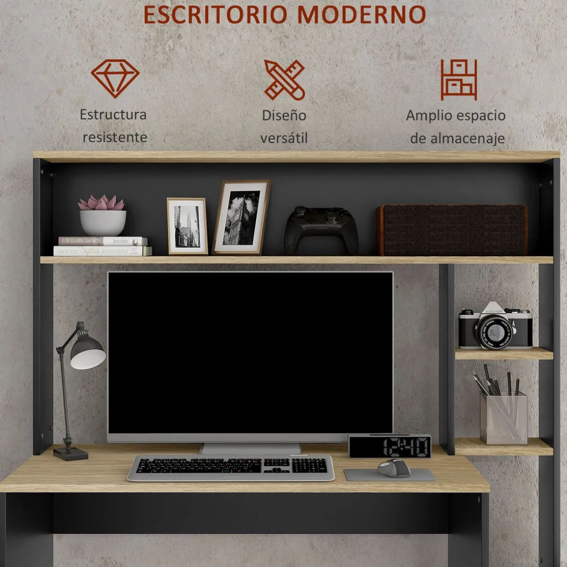 Escritorio Oslo Homcom 5 estantes con soporte negro 138x114x45 cm
