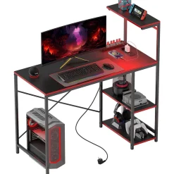 Escritorio Plus Homcom 3 estantes + estación de carga + luz LED negro/rojo 113x110x50 cm