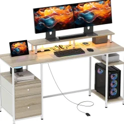 Escritorio Rivera Homcom luz LED con soporte y 2 cajones natural 88,5x55,5x48 cm