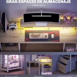 Escritorio Rivera Homcom luz LED con soporte y 2 cajones natural 88,5x55,5x48 cm