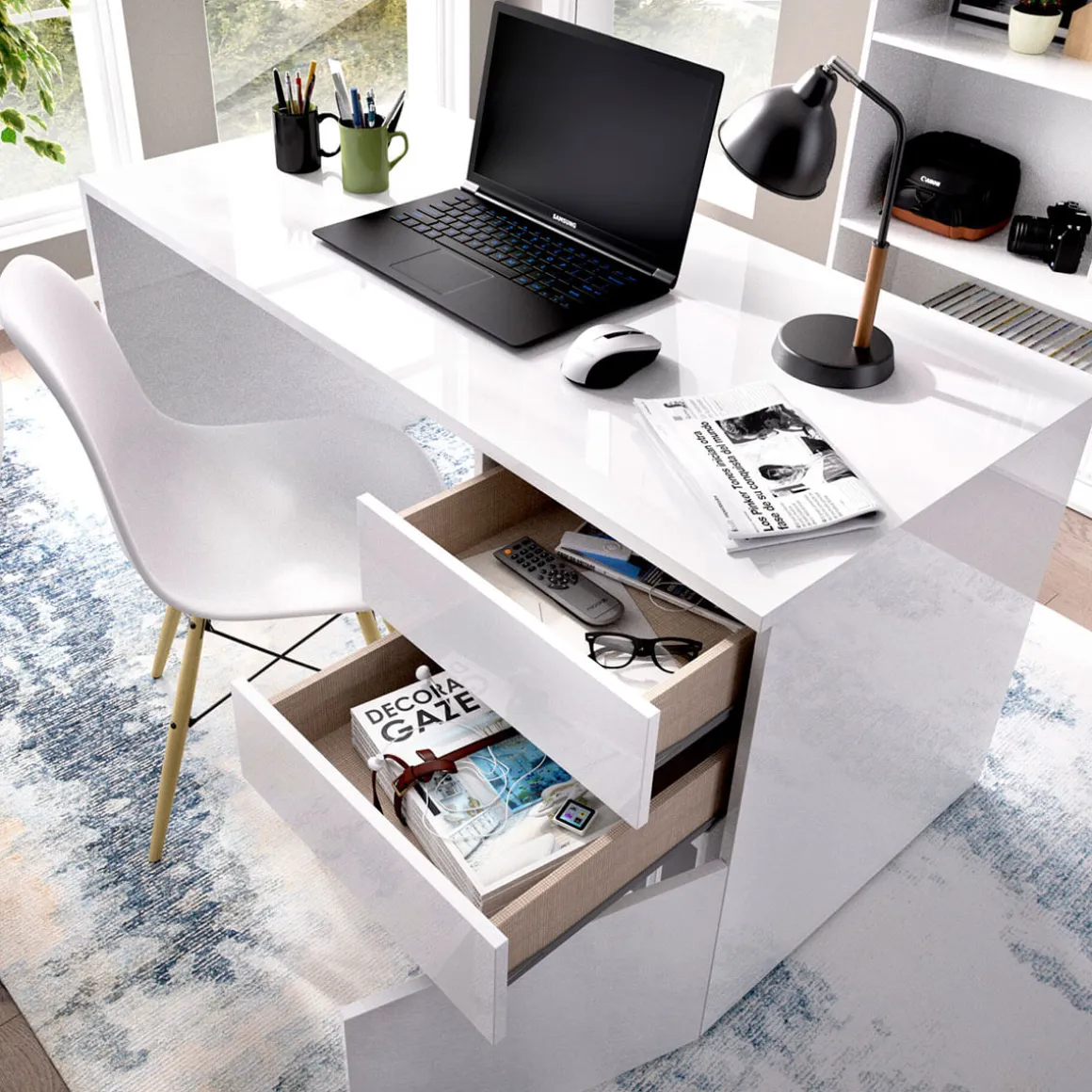 Escritorio Shiro 2 cajones con armario blanco 75x139x60 cm