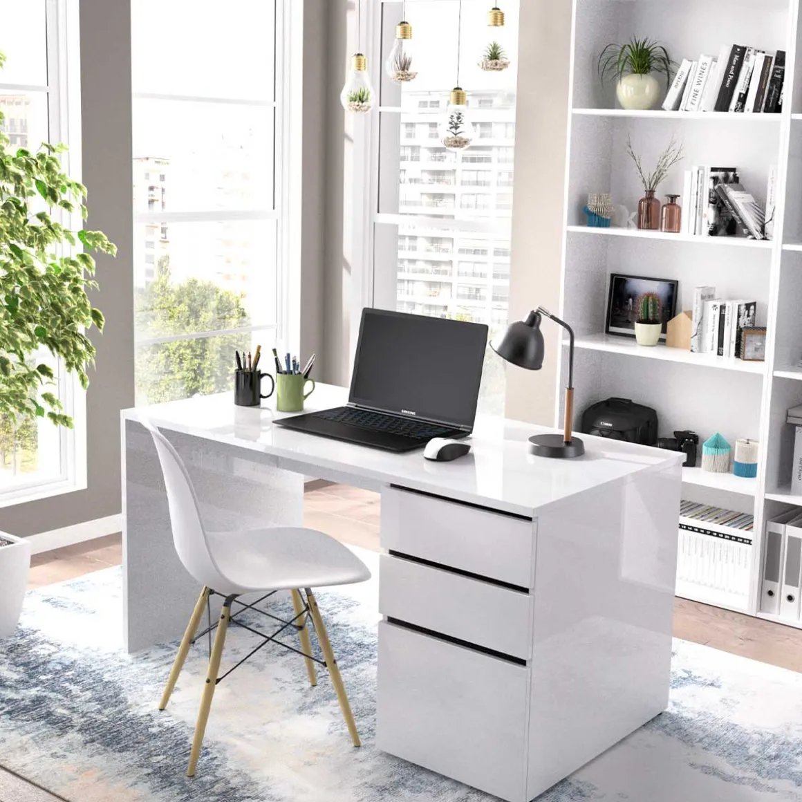 Escritorio Shiro 2 cajones con armario blanco 75x139x60 cm
