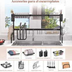 Escurreplatos Basov Homcom 2 niveles para fregadero negro 52,5x100x30 cm