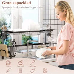 Escurreplatos Basov Homcom 2 niveles para fregadero negro 52,5x100x30 cm