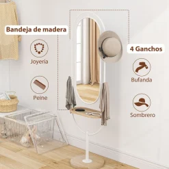 Espejo con base Mantra Homcom 4 ganchos con estante blanco/natural 175,5x50x23,5 cm