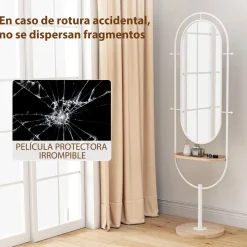 Espejo con base Mantra Homcom 4 ganchos con estante blanco/natural 175,5x50x23,5 cm