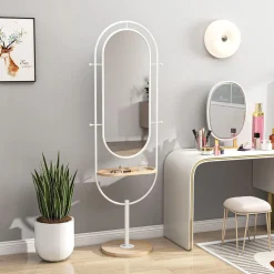 Espejo con base Mantra Homcom 4 ganchos con estante blanco/natural 175,5x50x23,5 cm