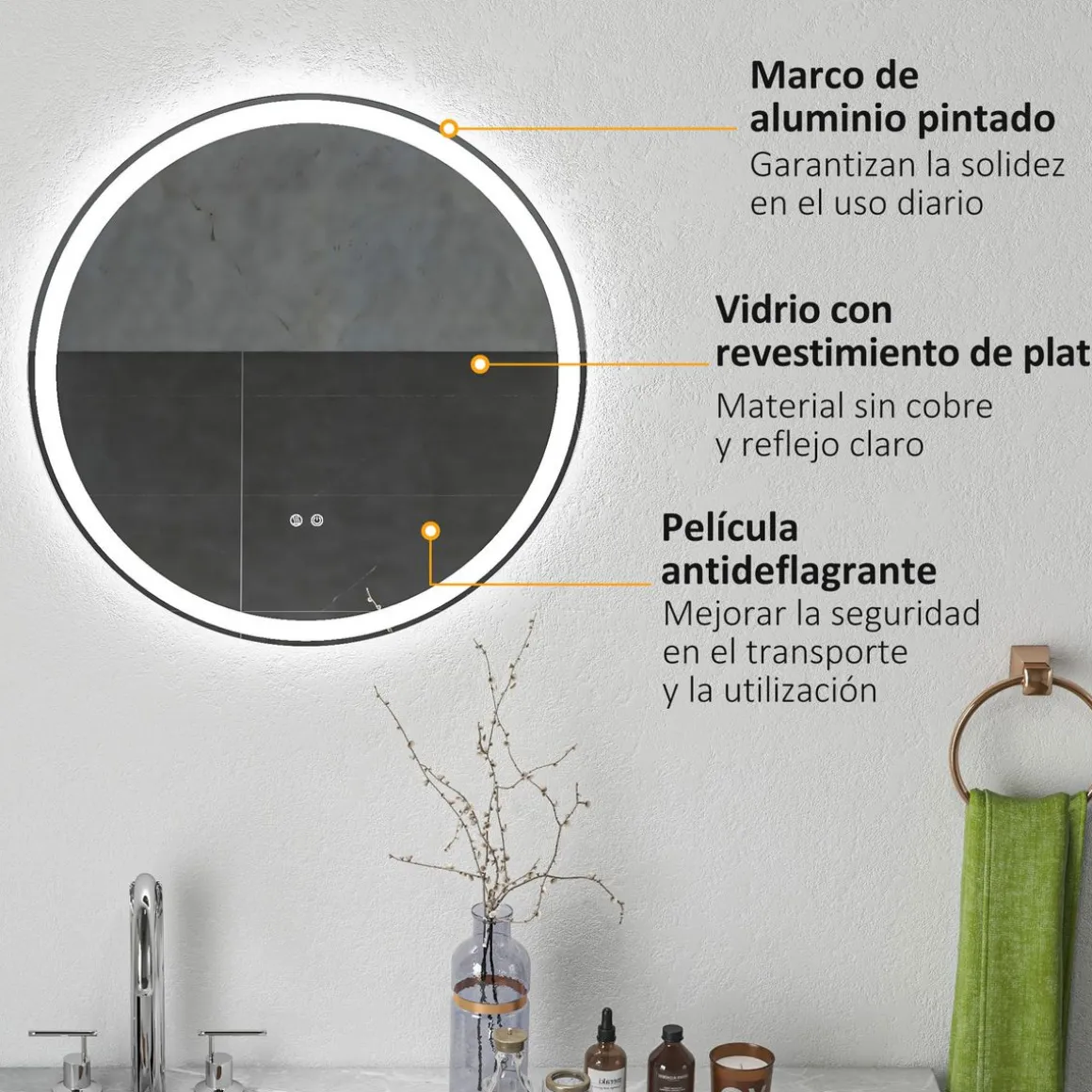 Espejo Córcega Kleankin con luz LED antivaho plata Ø60 cm
