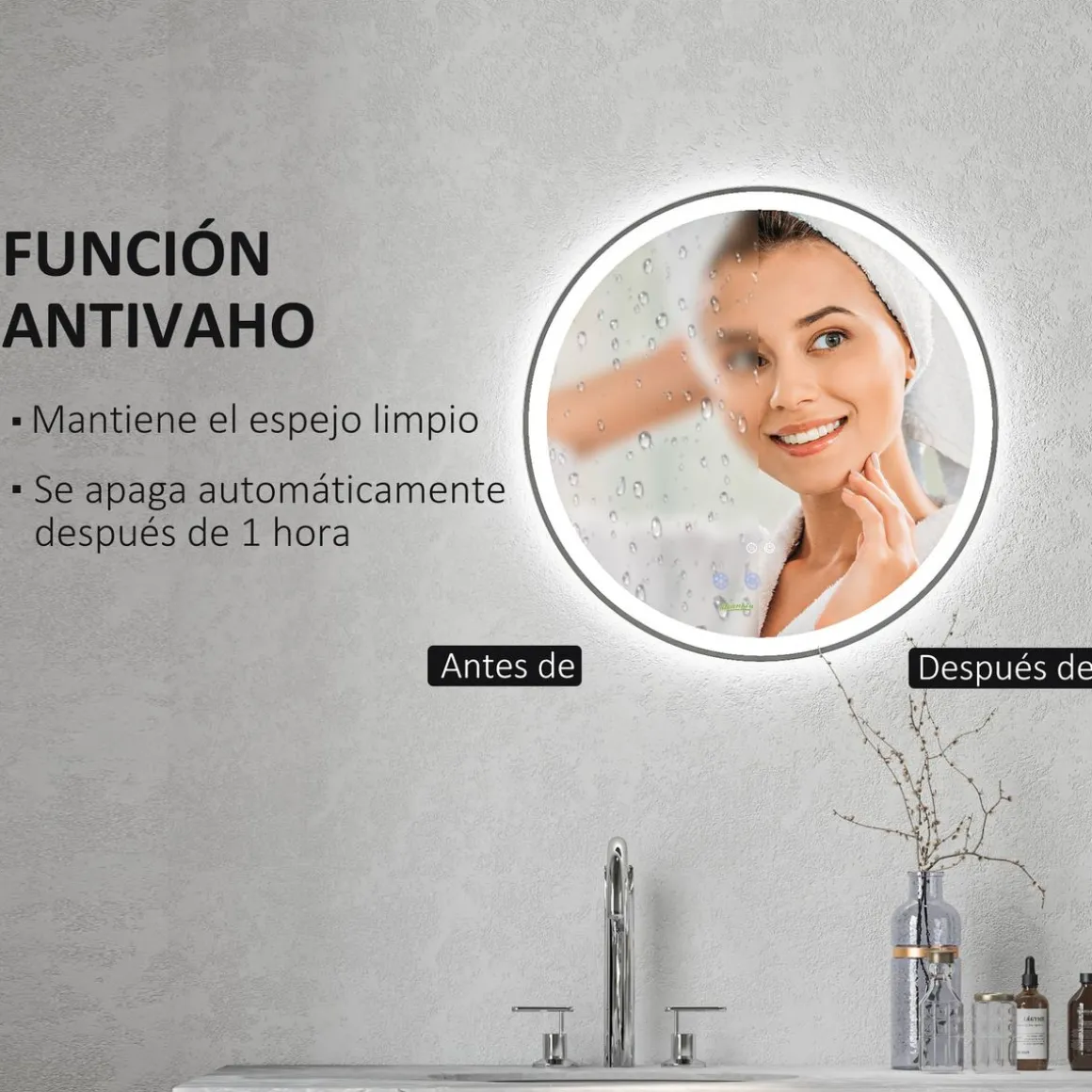 Espejo Córcega Kleankin con luz LED antivaho plata Ø60 cm