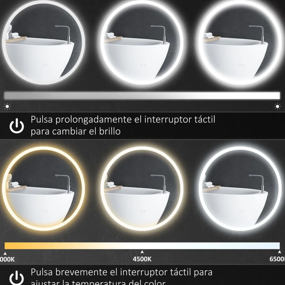 Espejo Córcega Kleankin con luz LED antivaho plata Ø60 cm