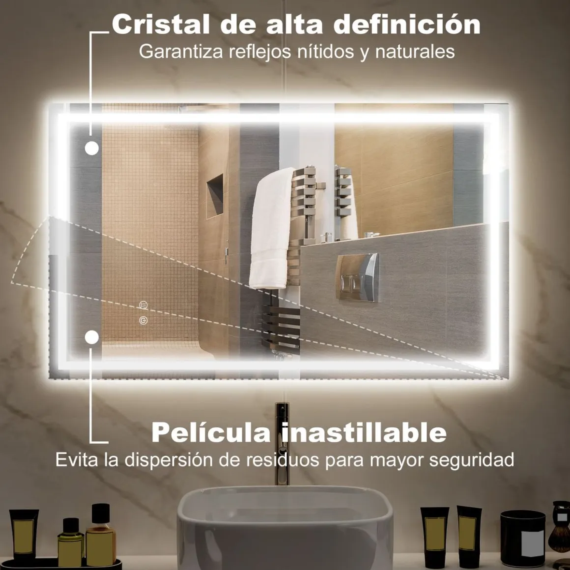 Espejo de baño Lui Homcom luz LED 3 temperaturas vidrio 60x100x3 cm