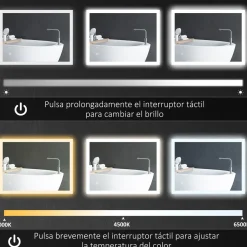 Espejo de baño Silo Kleankin luces LED 3 colores plata 3x70x50 cm