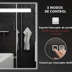 Espejo de baño Veldra Homcom 3 colores táctil plata 70x50 cm