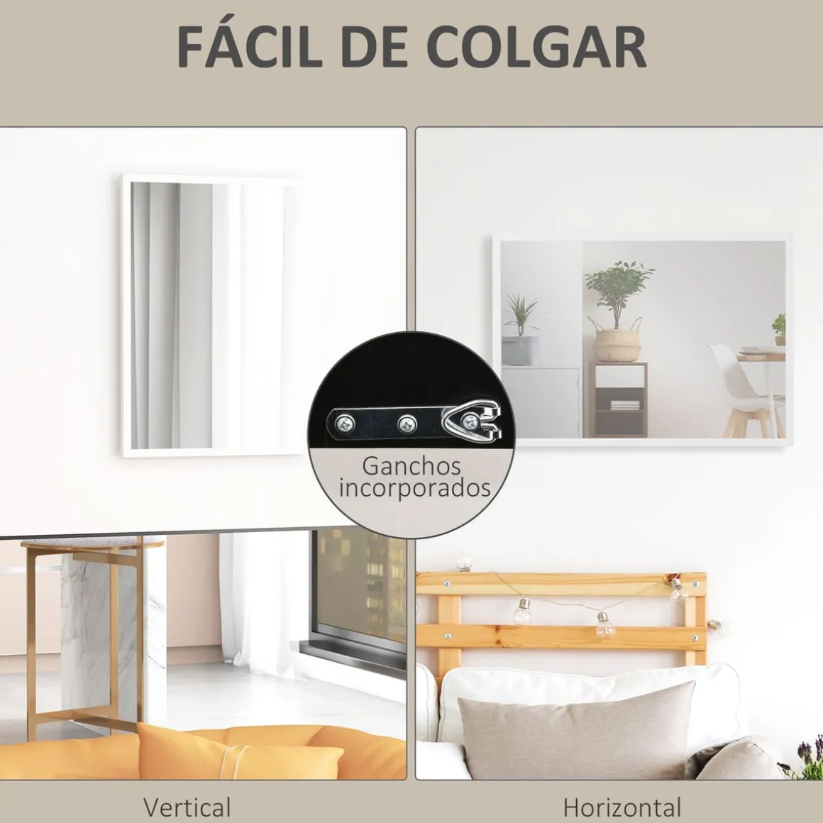 Espejo de pared Selva Homcom con marco Slim blanco 70x50 cm