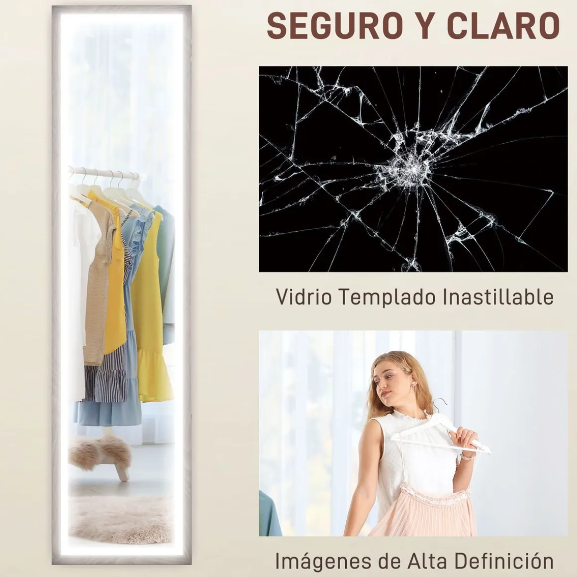 Espejo de pie Nerpio Homcom luz LED ajustable blanco 160x40 cm