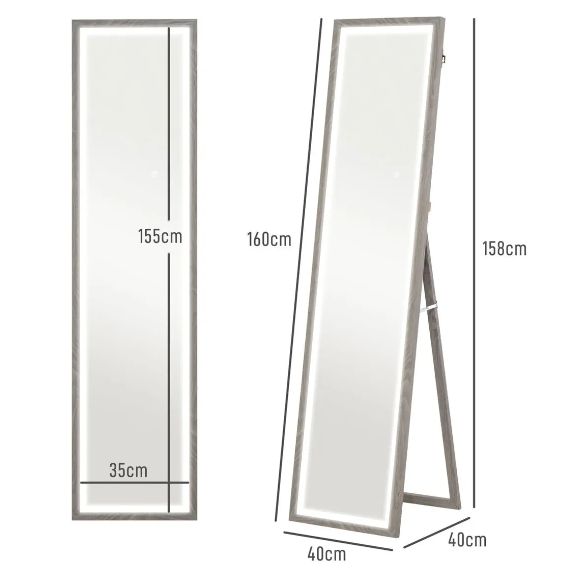 Espejo de pie Nerpio Homcom luz LED ajustable blanco 160x40 cm