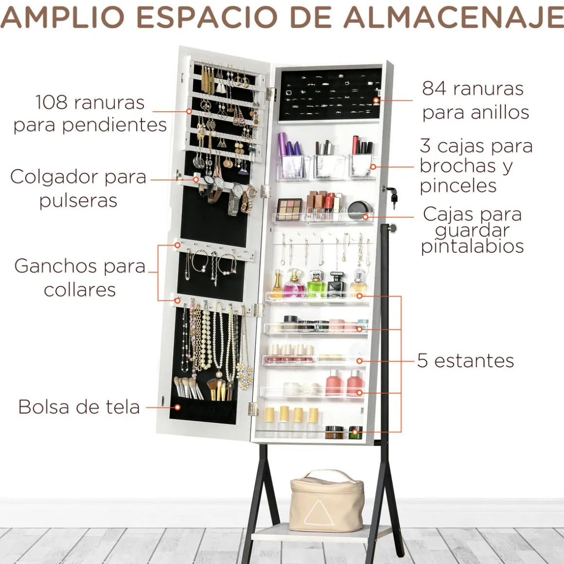 Espejo joyero Glam Homcom ángulo ajustable blanco/negro 157x47x36 cm