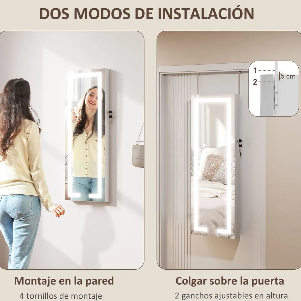 Espejo joyero Selene Homcom con luz LED blanco 118x44x16 cm
