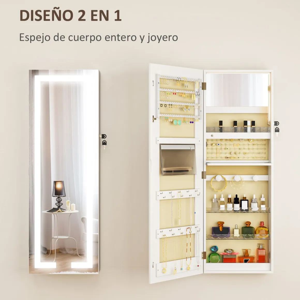 Espejo joyero Selene Homcom con luz LED blanco 118x44x16 cm