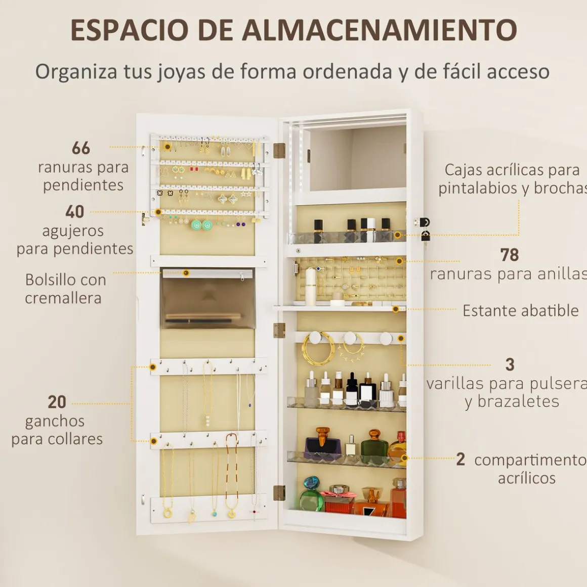 Espejo joyero Selene Homcom con luz LED blanco 118x44x16 cm