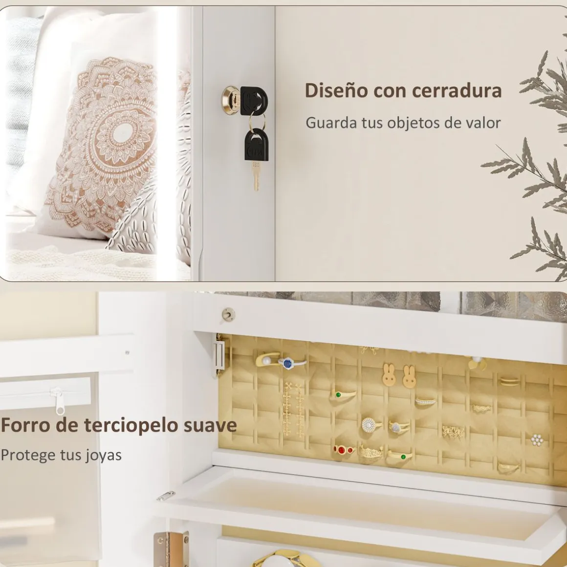 Espejo joyero Selene Homcom con luz LED blanco 118x44x16 cm