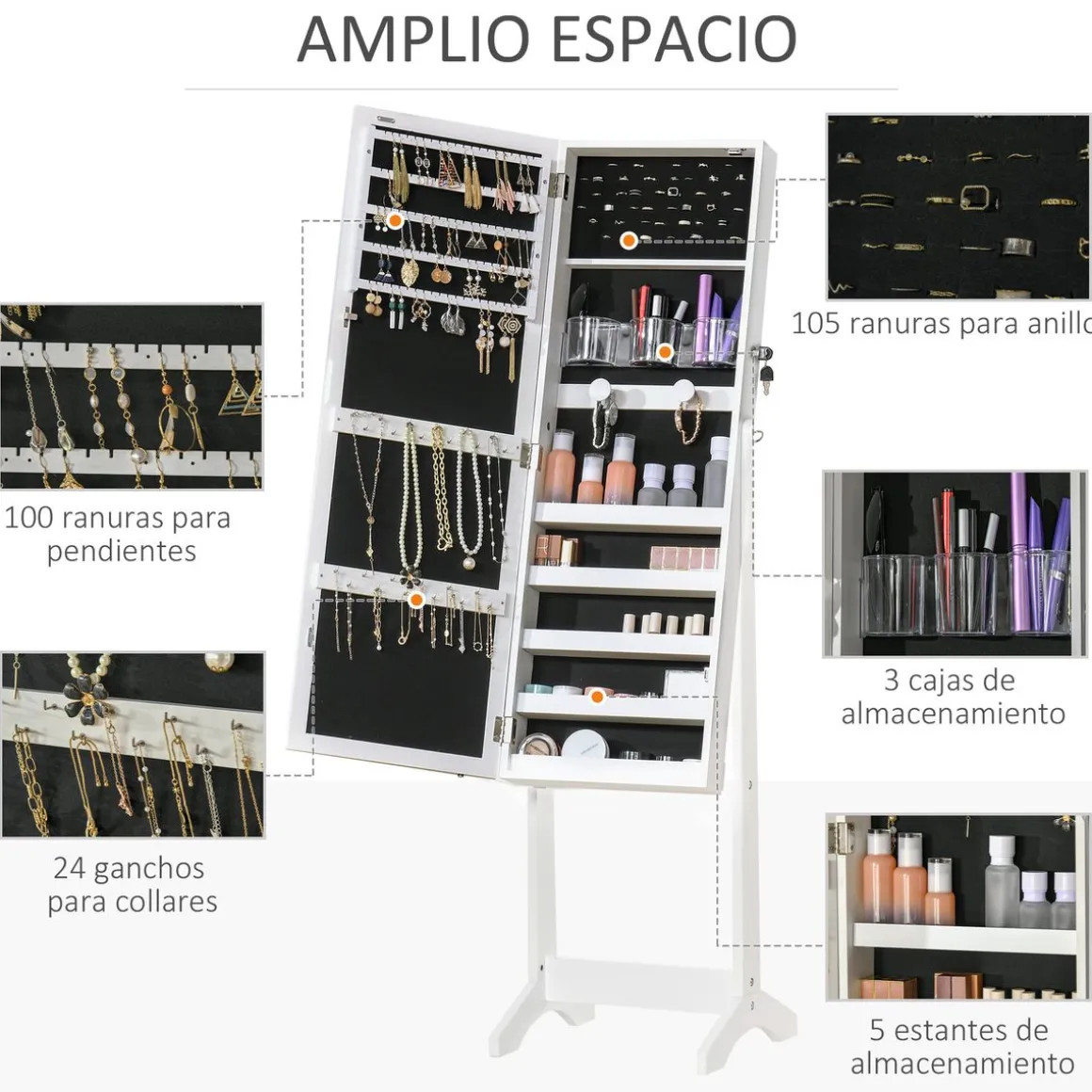 Espejo joyero Trenddi Homcom con luces LED blanco 151,5x46x36,5 cm