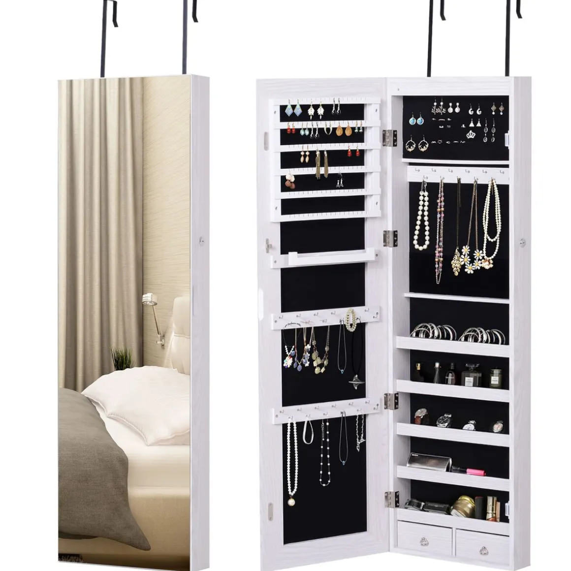 Espejo joyero Yoice Homcom con puerta 5 estantes + 2 cajones blanco 120x37x10 cm