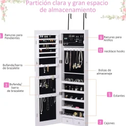 Espejo joyero Yoice Homcom con puerta 5 estantes + 2 cajones blanco 120x37x10 cm