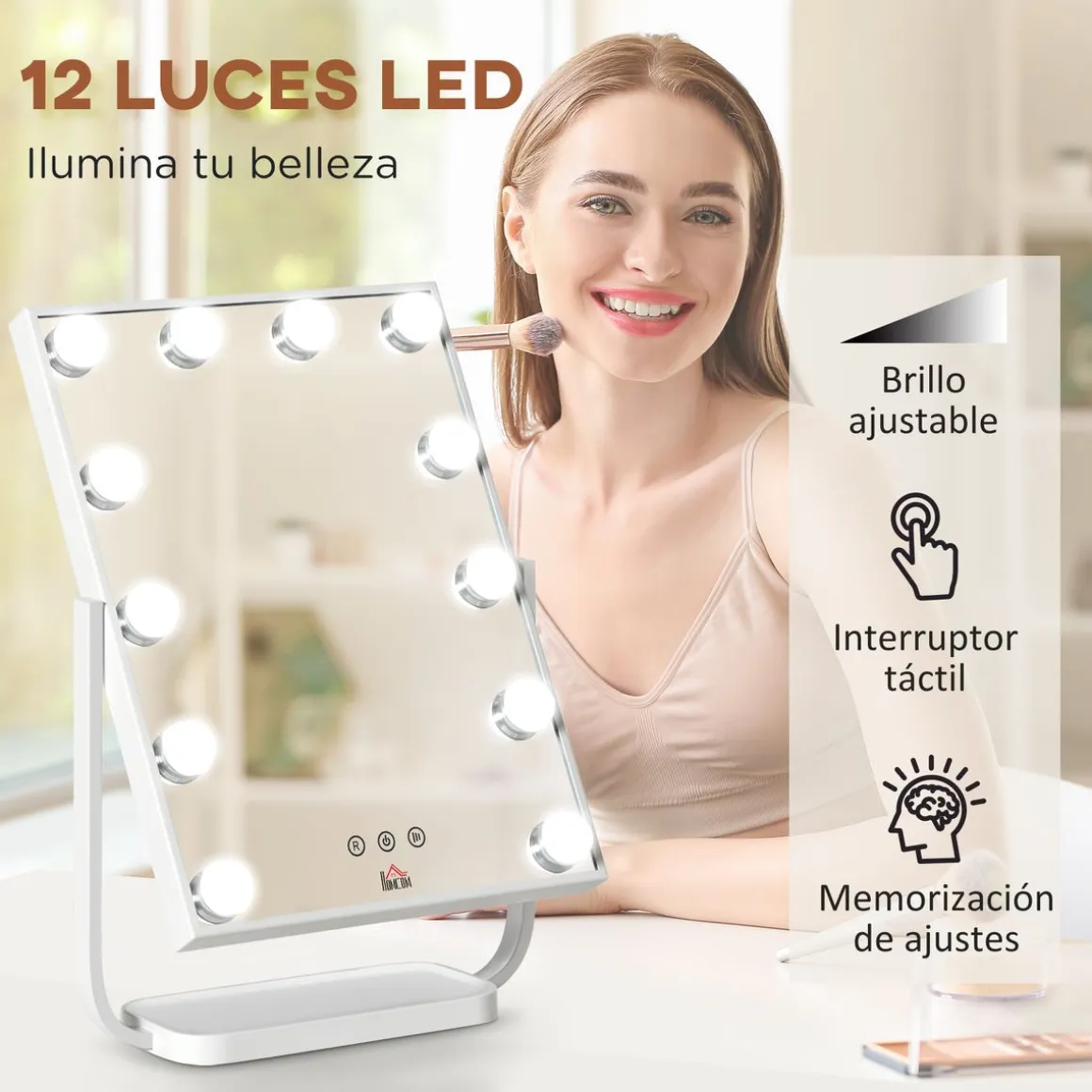Espejo Lokin Homcom 3 modos 12 LEDs blanco 47,4x32,8x11 cm