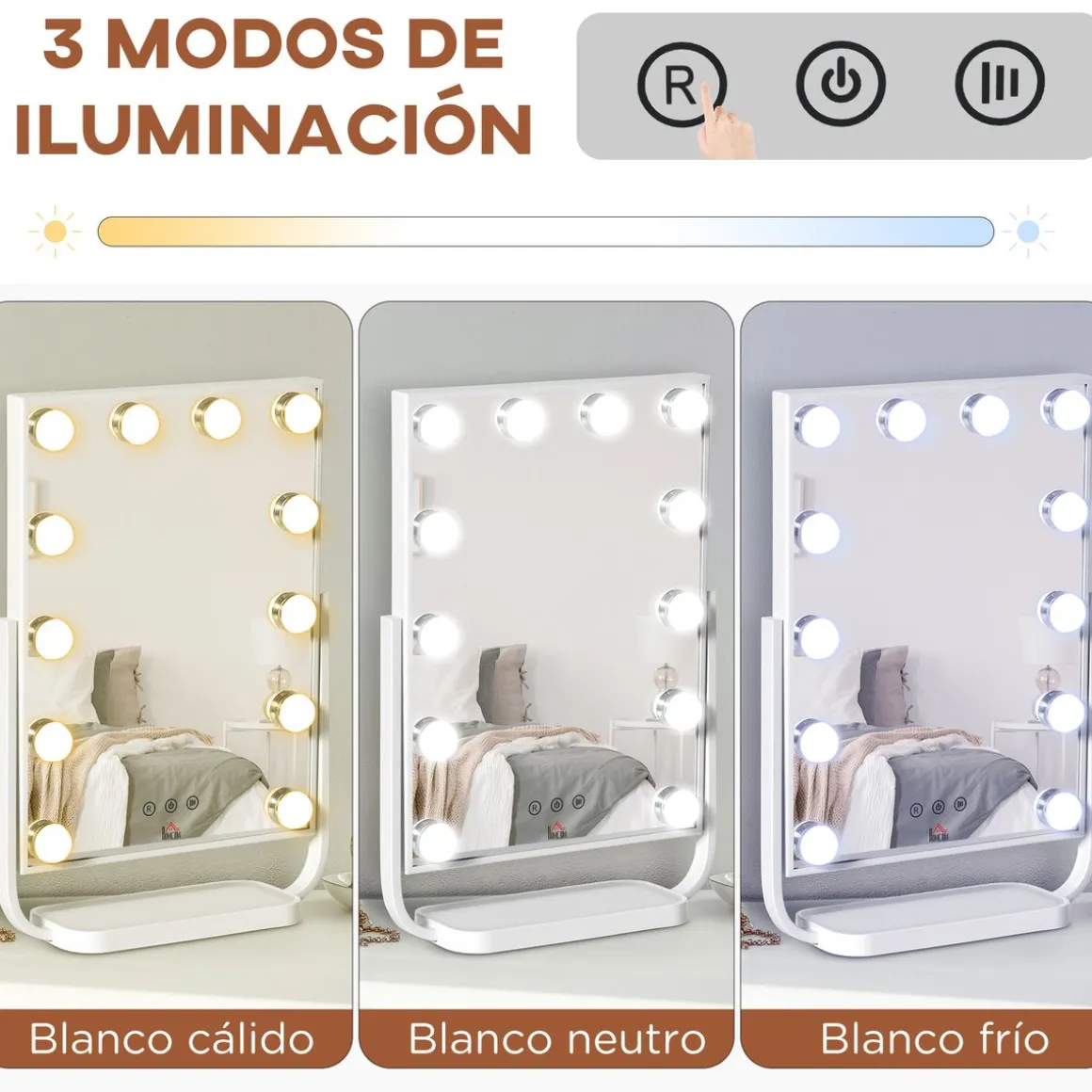 Espejo Lokin Homcom 3 modos 12 LEDs blanco 47,4x32,8x11 cm