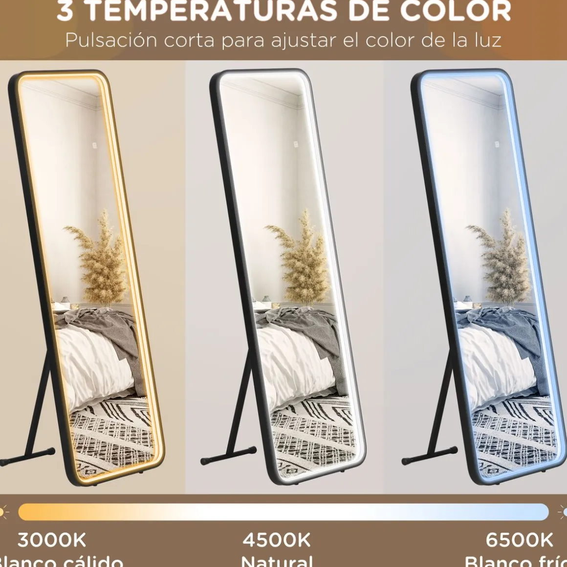 Espejo Lucke Homcom con luz LED ajustable 3 colores negro 151,5x50 cm