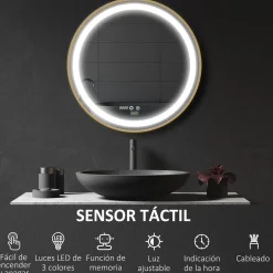 Espejo redondo Adán Kleankin con luz LED control táctil dorado Ø60x4 cm