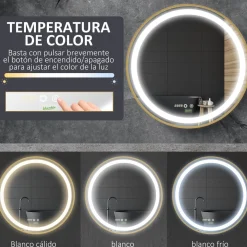 Espejo redondo Adán Kleankin con luz LED control táctil dorado Ø60x4 cm