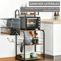 Estantería auxiliar Hiedra Homcom 4 niveles con ganchos rústico/negro 125x60x40 cm