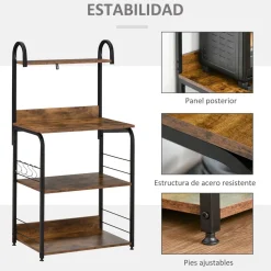 Estantería auxiliar Hiedra Homcom 4 niveles con ganchos rústico/negro 125x60x40 cm