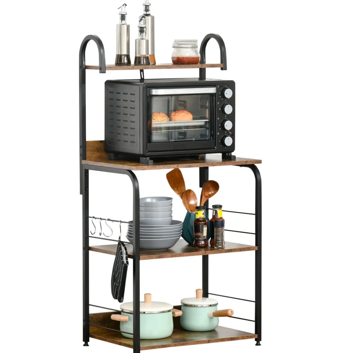Estantería auxiliar Hiedra Homcom 4 niveles con ganchos rústico/negro 125x60x40 cm
