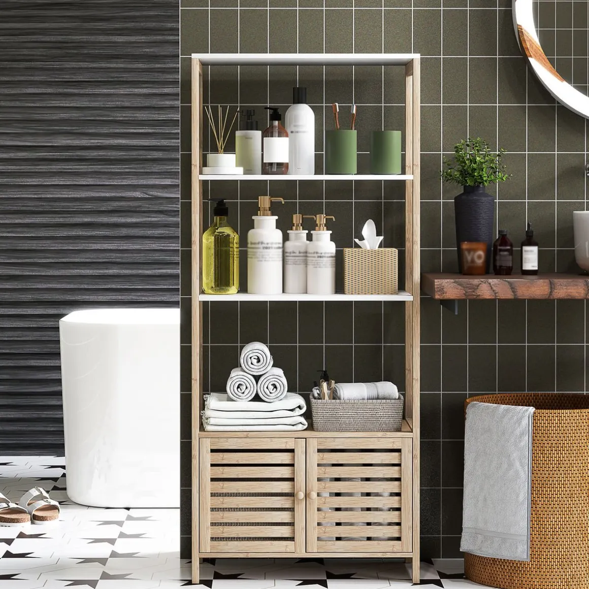 Estantería de baño Nalya Homcom 2 estantes con 2 puertas natural 138x63x30 cm