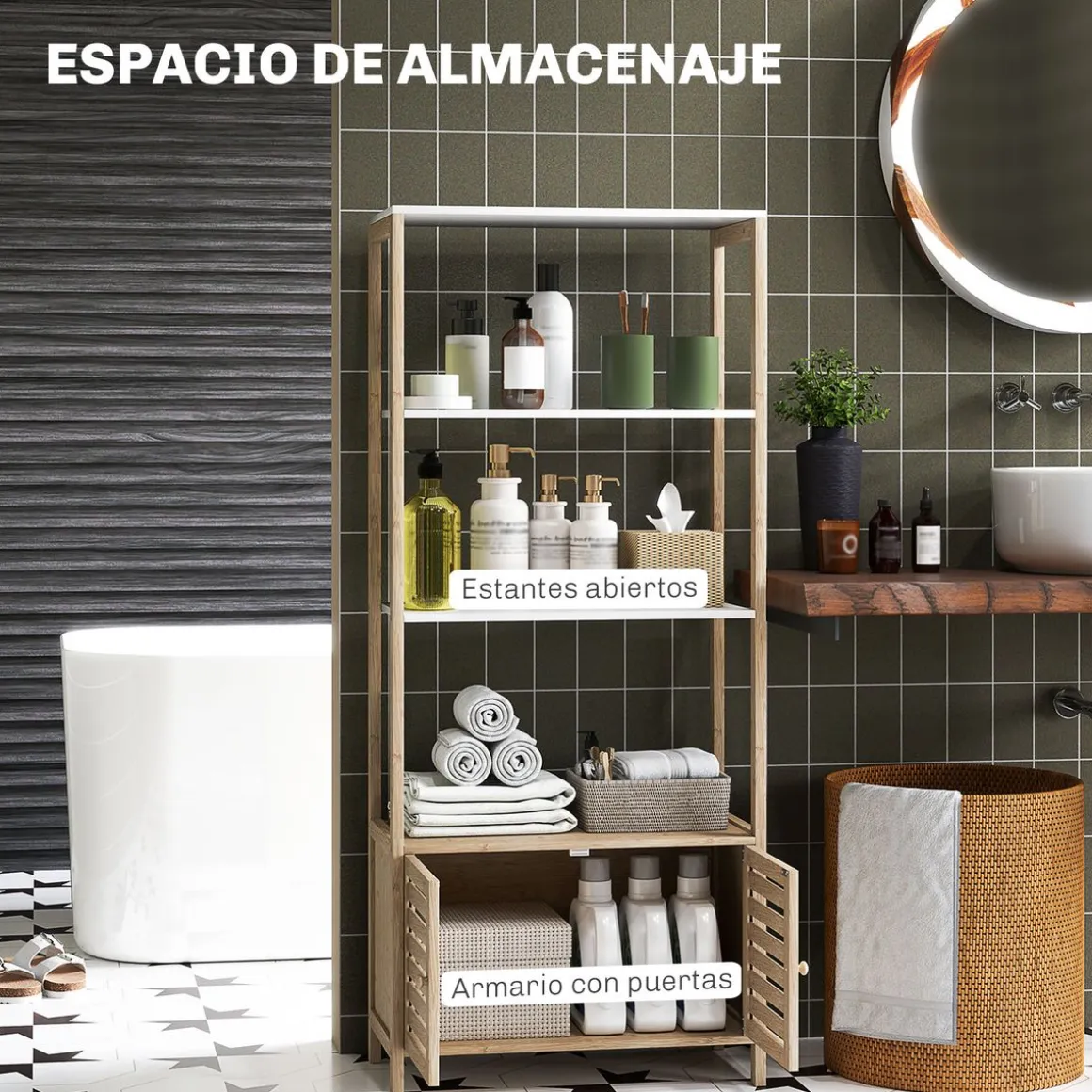 Estantería de baño Nalya Homcom 2 estantes con 2 puertas natural 138x63x30 cm