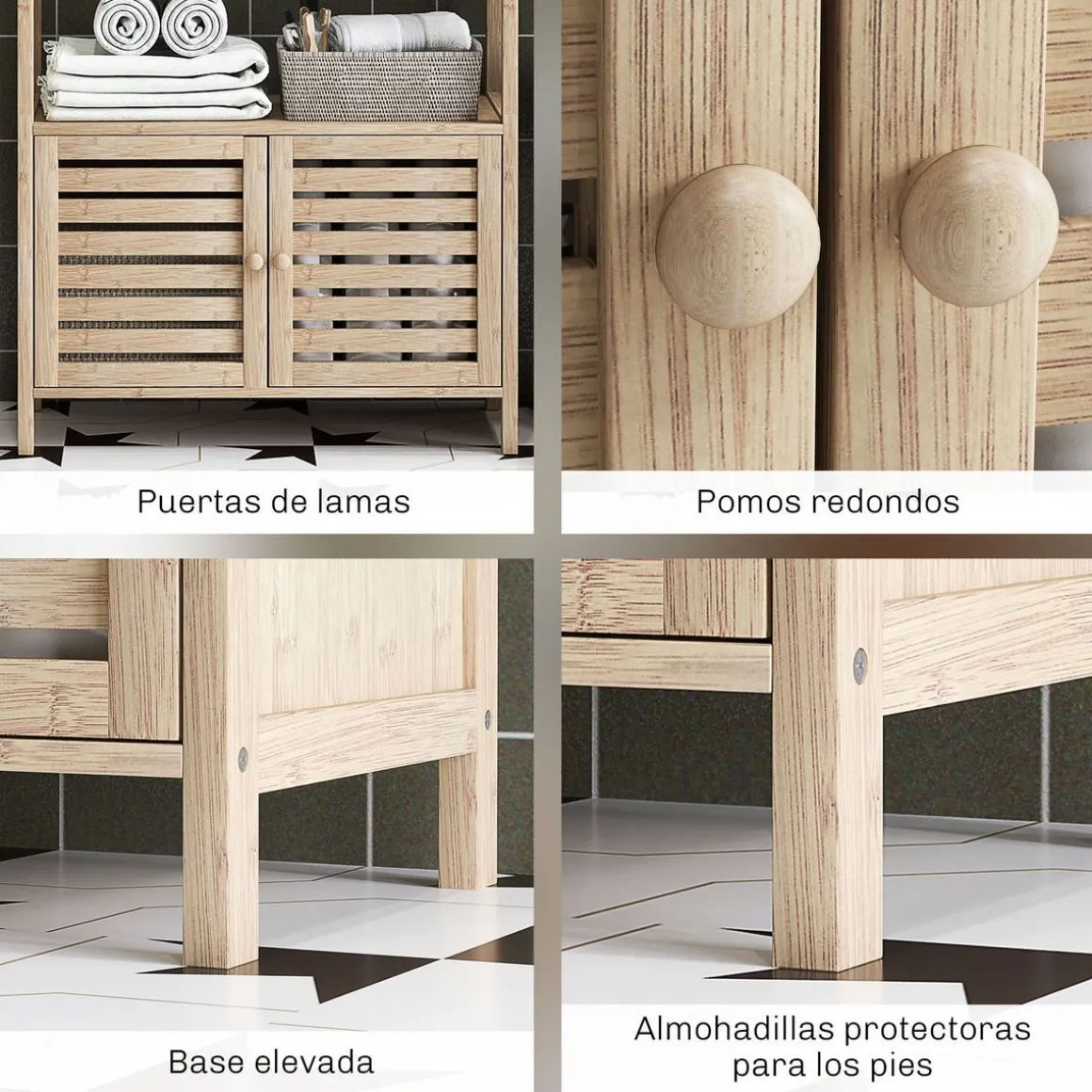 Estantería de baño Nalya Homcom 2 estantes con 2 puertas natural 138x63x30 cm