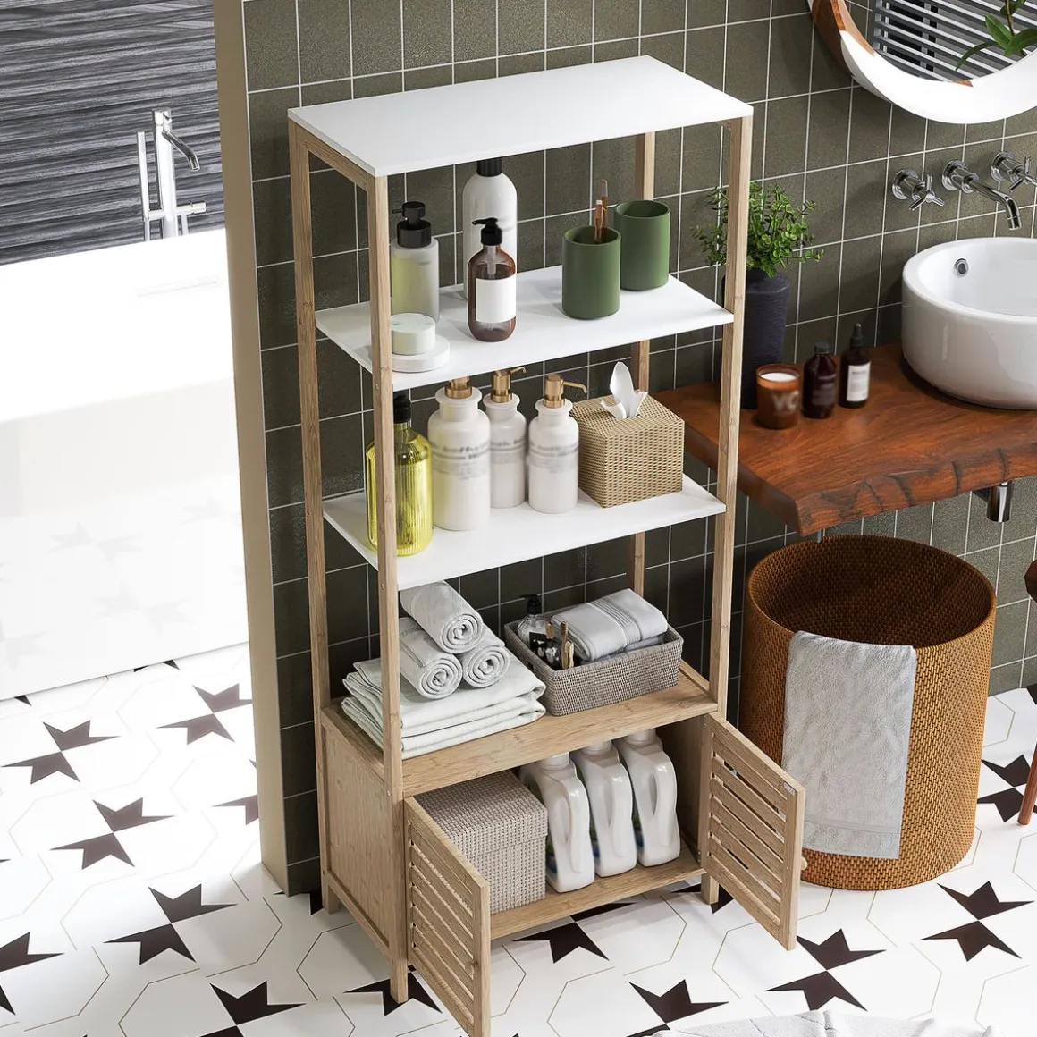 Estantería de baño Nalya Homcom 2 estantes con 2 puertas natural 138x63x30 cm