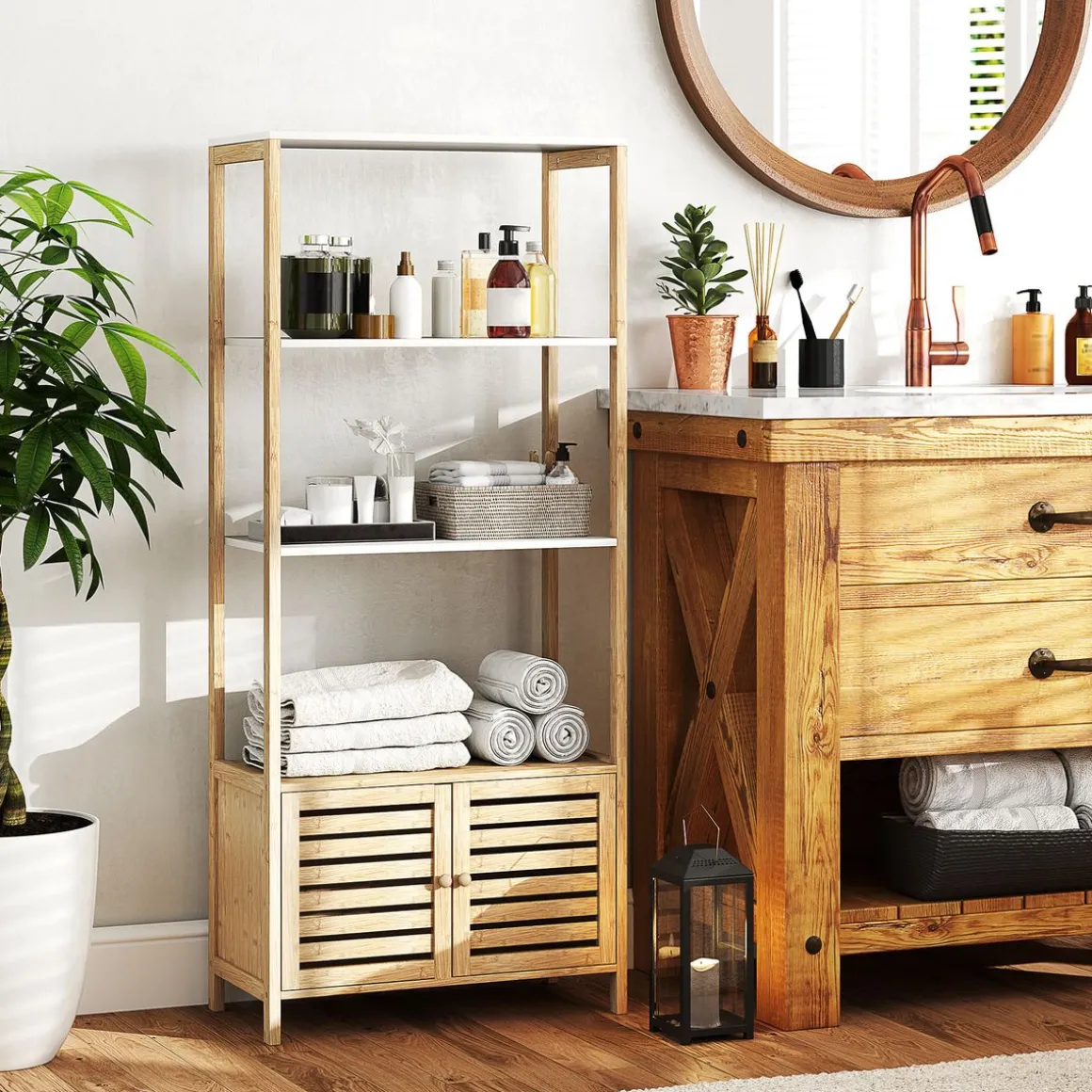 Estantería de baño Nalya Homcom 2 estantes con 2 puertas natural 138x63x30 cm