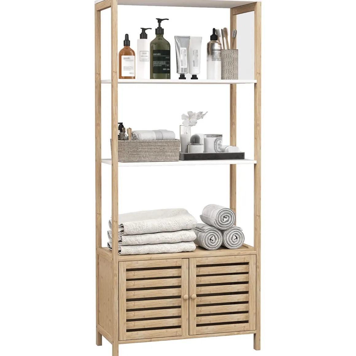 Estantería de baño Nalya Homcom 2 estantes con 2 puertas natural 138x63x30 cm