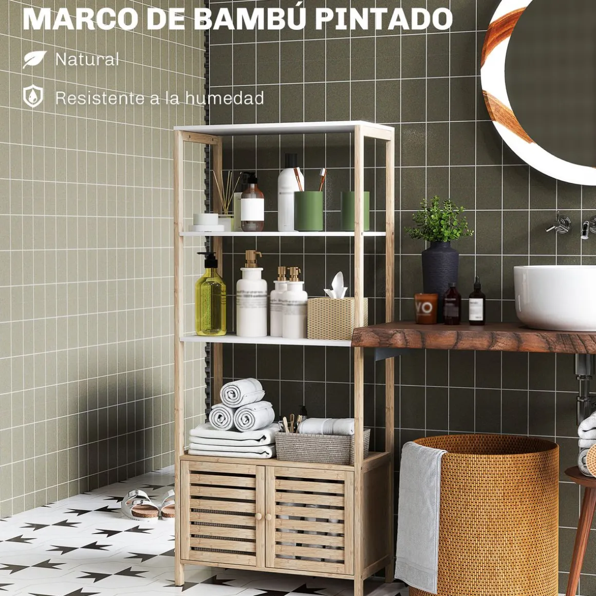 Estantería de baño Nalya Homcom 2 estantes con 2 puertas natural 138x63x30 cm